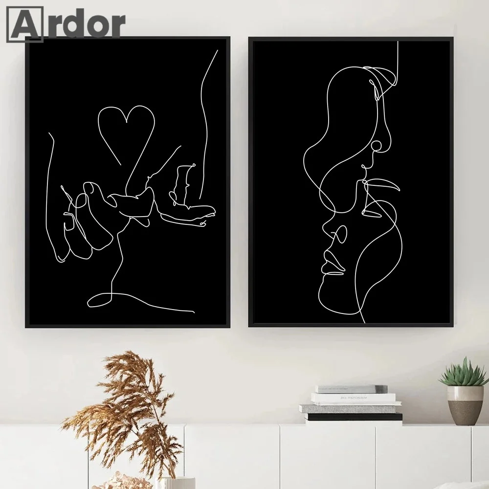 

Black Abstract Couple Kiss Hand In Hand Heart Line Drawing Canvas Painting Minimalist Poster And Print Nordic Living Room Decor