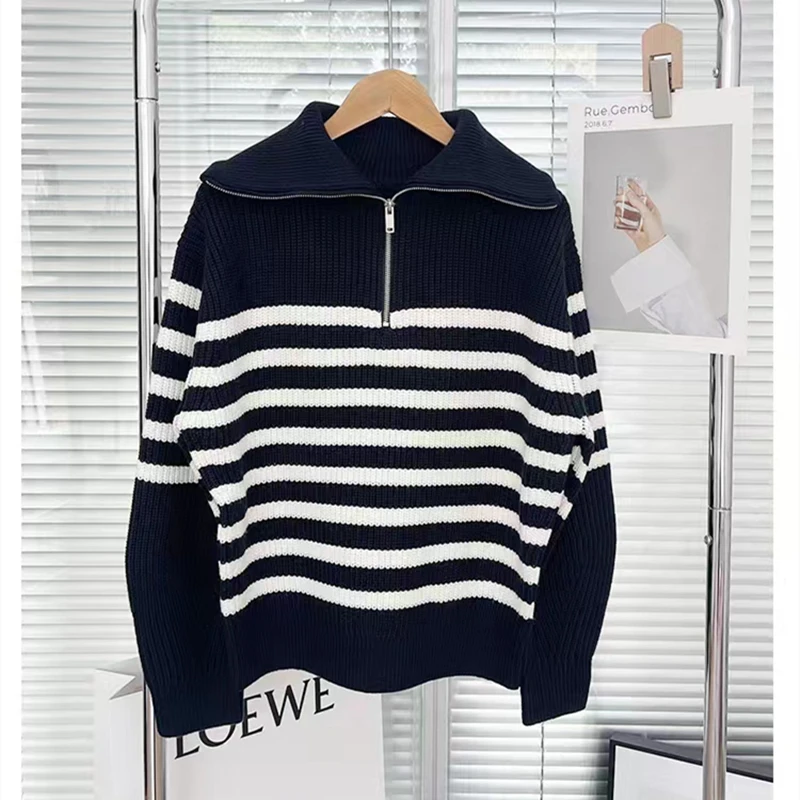 Autumn and Winter Lapel Zipper Semi-open Placket Women's Long-sleeved Striped Sweater Black and White Fashion Casual Knitwear