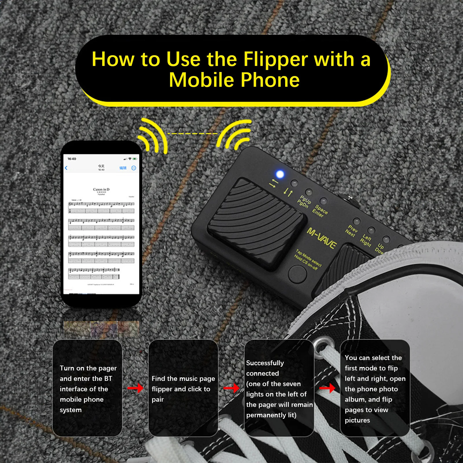 USB Rechargeable Musical Instrument Smart Phone Tablet M-VAVE Cube Turner Pro Wireless BT Page Turner Silent Foot Pedal wireless page turner pedal