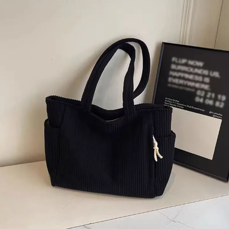 Shoulder Bag Casual Corduroy Handbag with Zipper Closure Light and Large Capacity Fixed Shoulder Strap Solid Color Daily Commuter Handbag shoulder bag