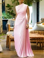 Freeacy 2025 Women's Solid Color Sleeveless High Neck Party Dress High Waist Pleated Floor Length Graceful Evening Dresses