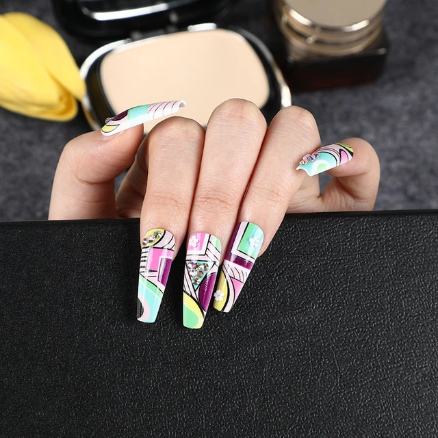3D fake nails long french coffin tips green color with diamond snake charms  manicure faux ongles press on nail art accessories - AliExpress