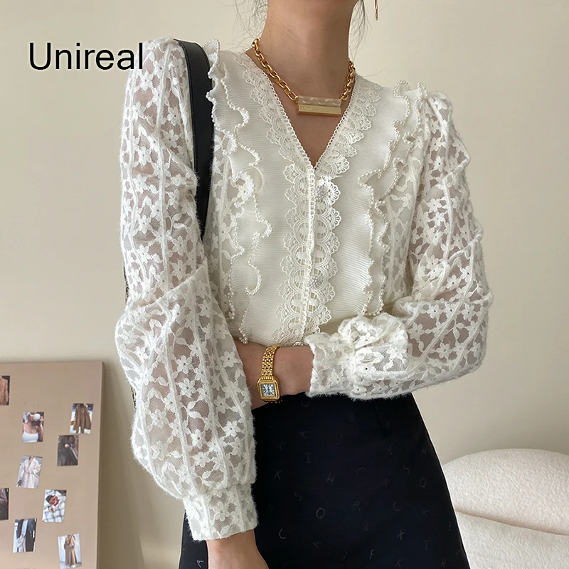 

Unireak 2022 Summer Autumn Women Ruffle Blouse Shirt Long Sleeve Sweet Girls Sexy White Lace Blouse Vintage Tops