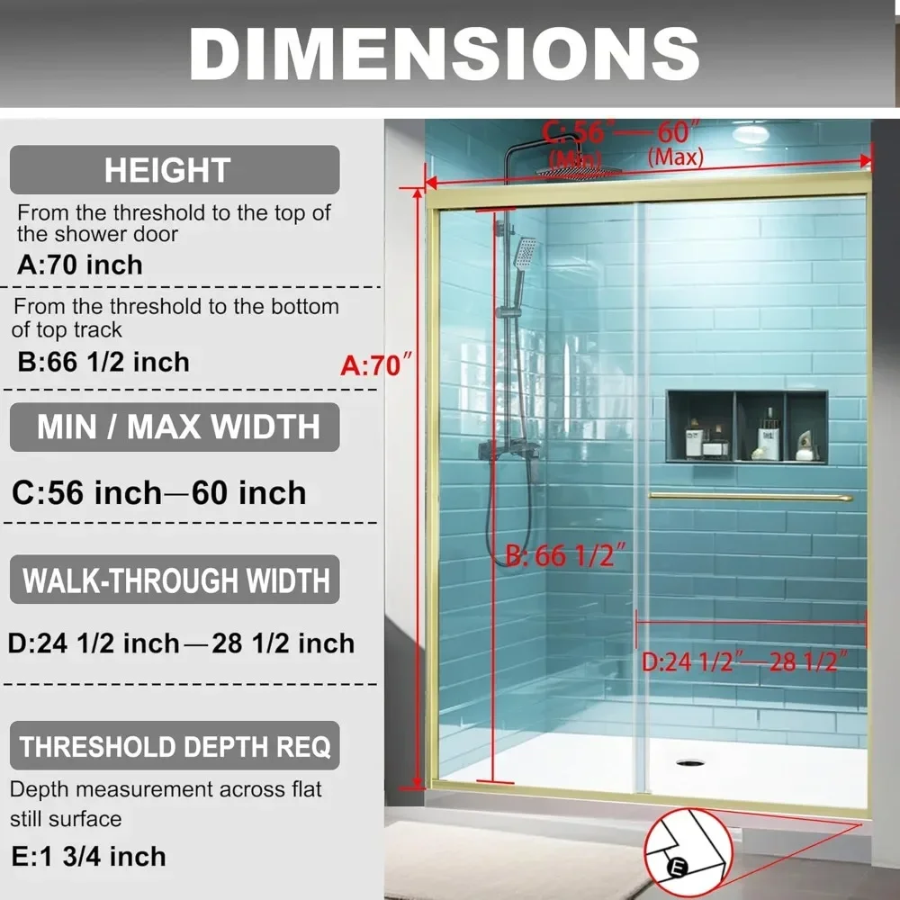 56-60" W X 70" H Shower Doors, 1/4" (6mm) Clear SGCC Tempered Glass, Brushed Gold Finish, Reversible Installation, Shower Doors 2