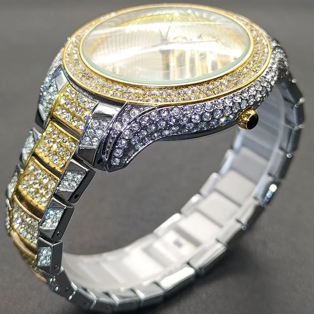 MISSFOX Orologio da uomo Hip Hop Iced Out Orologio da uomo al quarzo impermeabile con scritta Leopard Diamond Stainle Steel Gold Men'_voghion.com