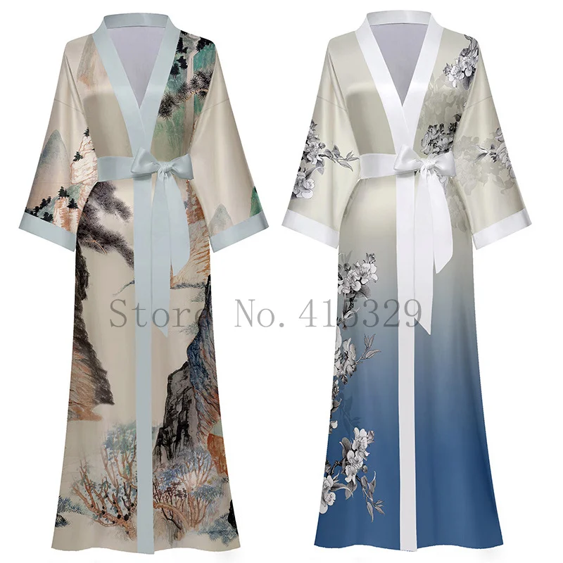 Bata larga de satén de estilo chino para mujer, Camisón con estampado de flores y cuello en V, ropa de dormir elegante, Kimono, 2024