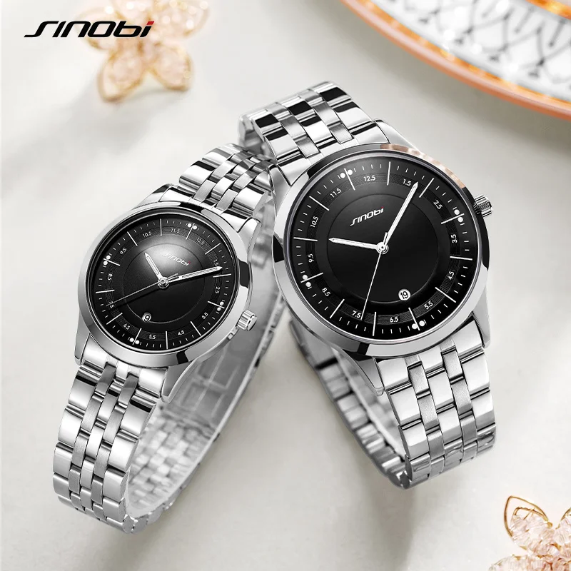 

SINOBI Fashion Business Men Watches Stainless Steel Strap High Quality Waterproof Calendar 40mm Dial Couple Lover Wristwatches