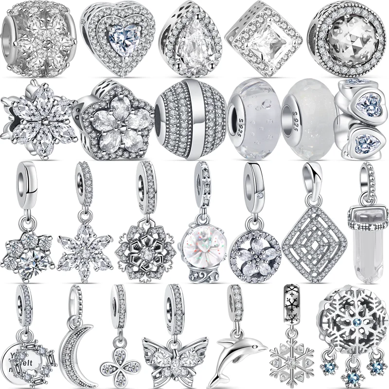 925 Sterling Silver Clear Zircon Snowflake Herbarium Sparkling Pave Beads Fit Original Pandora Charm Bracelet DIY Fine Jewelry