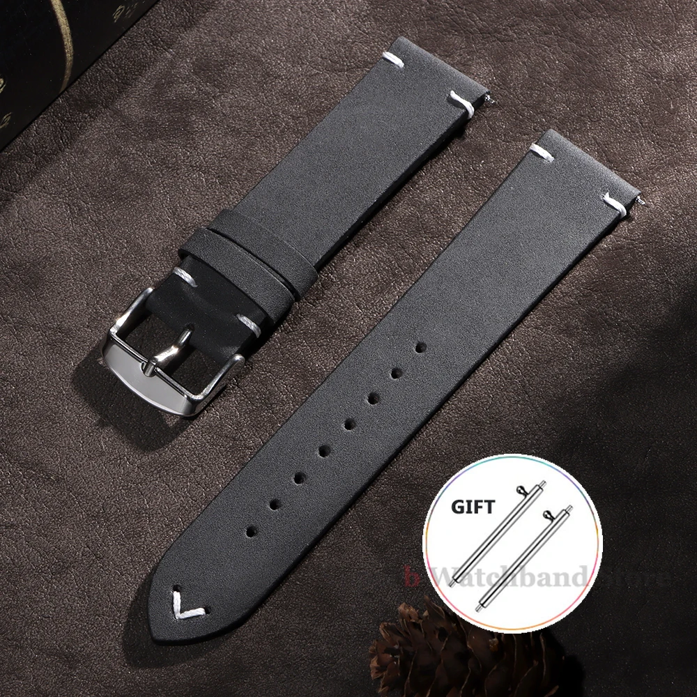 Vintage Cowhide Leather Quick Release Watch Strap with Stitching Details