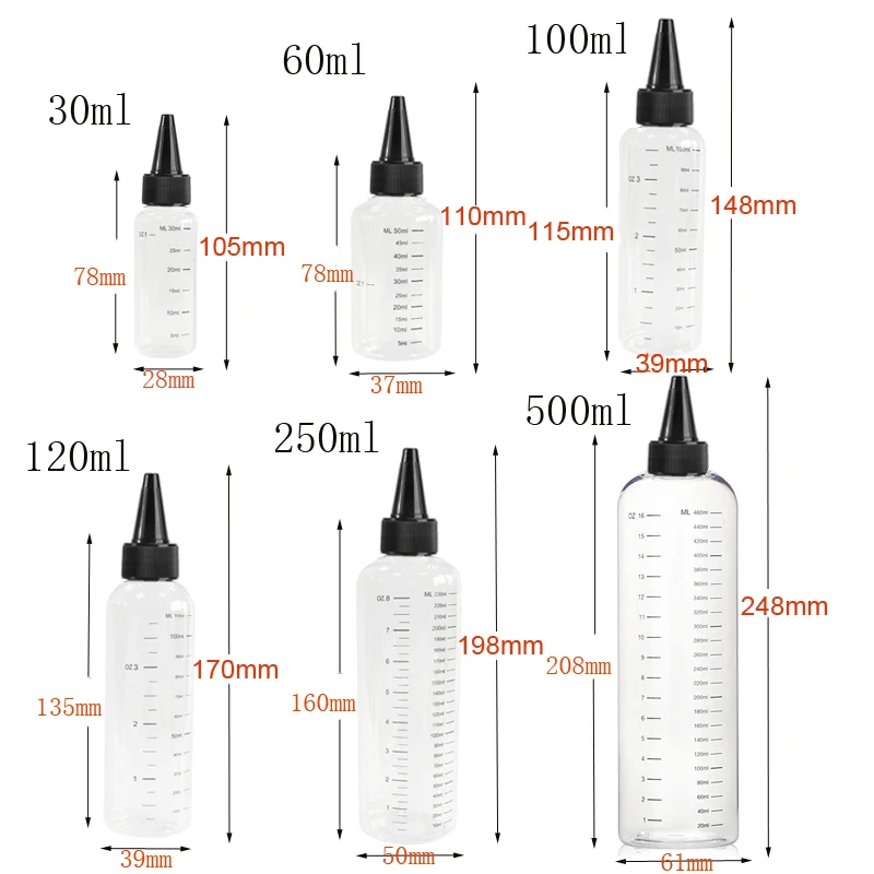 5PCS 30ml-500ml Empty Plastic Transparent Pointed Mouth Graduated Bottles Water Bottle Vape Liquid Dropper Bottle DIY ink tank