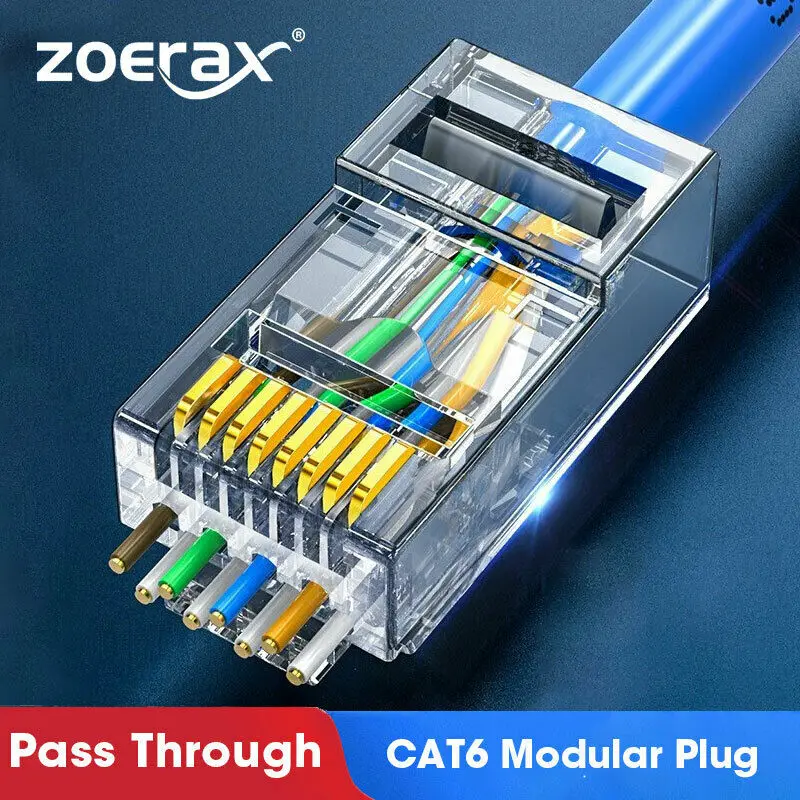 ZoeRax CAT6a Cat6 CAT5e Pass Through RJ45 Modular Plug Network Connectors UTP 30μ Gold-Plated 1.2mm Hole End for Ethernet Cable