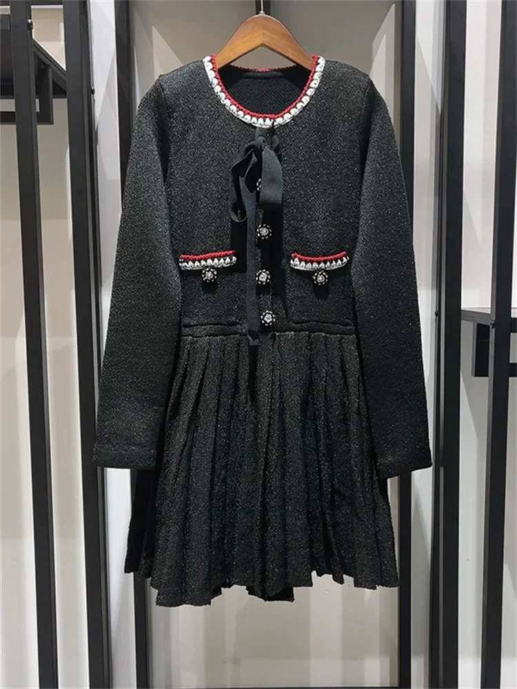 

Short Dress for Women 2023 New Bowknot Diamond Button Pleated O-Neck Elegant Slim Fit Long Sleeve Mini Robes