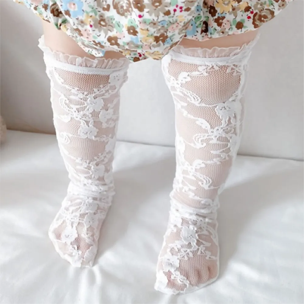 Ultra-Thin Children's Socks Solid Color Lace Girl Mesh Tube Skin-Friendly Breathable Sock Baby Princess Stockiings White Lace