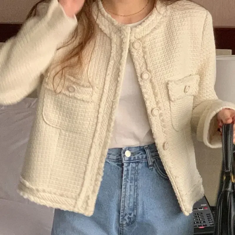 Jacket Women's Korean O-neck Single Breasted Pocket Loose French Style Inner Street Clothing Harajuku Clothing Sweatshirt R-1982