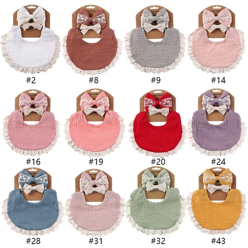 Lace Baby BibsHeadband Set for Infant Baby Boys Girls Pure Cotton Waterproof Baby Bib Princess Big Bow Headband Baby Stuff