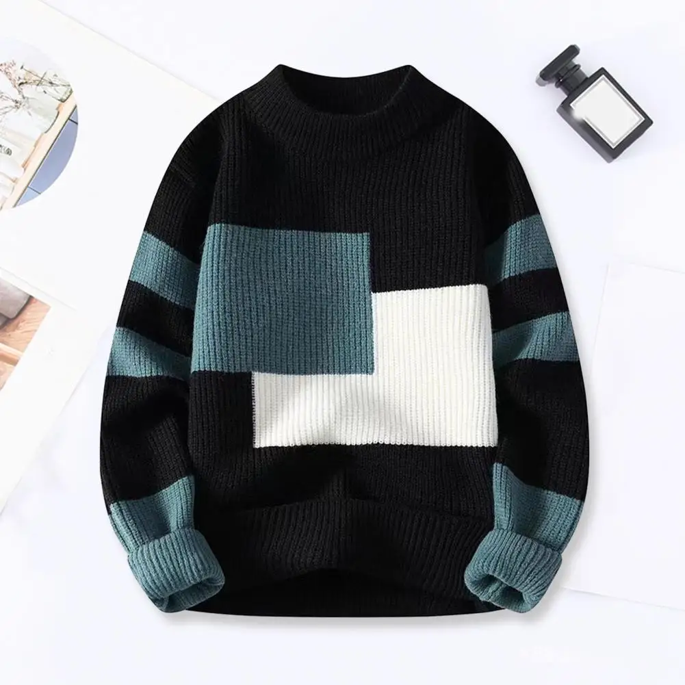 

Fall Winter Men Sweater Colorblock Knitted Thick Loose Warm O Neck Long Sleeve Soft Pullover Elastic Streetwear Men Sweater