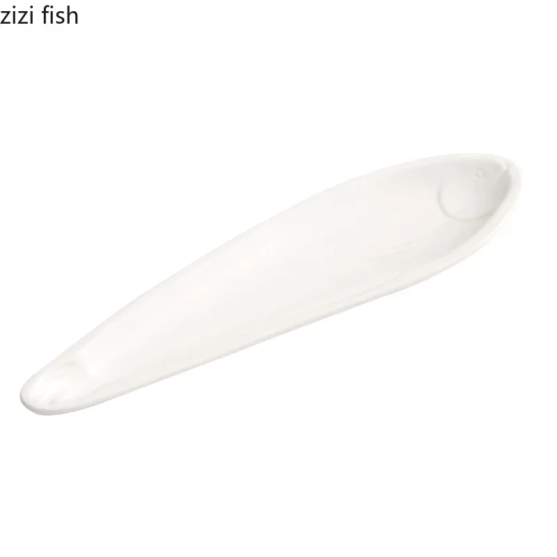 White Shaped Fish Plate Ceramic Autumn Knife Fish Long Strip Plate Steamed Sushi Dish Artistic Conception Tableware