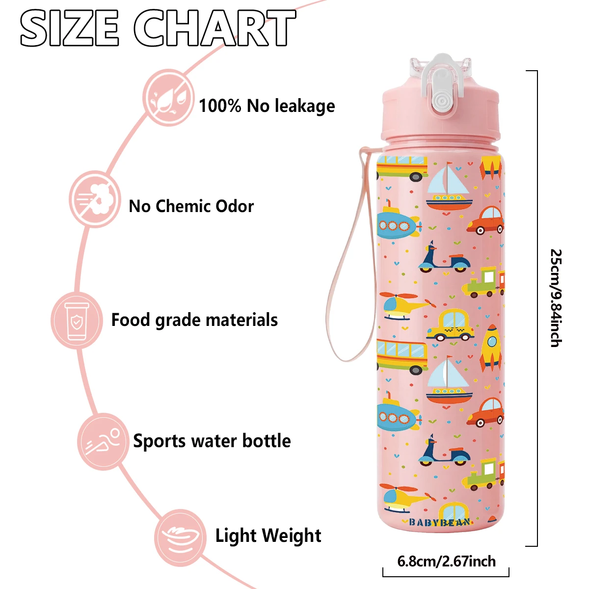 Cartoon Transport Vehicle Print Leakproof Water Bottle with Flip Straw and Lanyard - 750ml