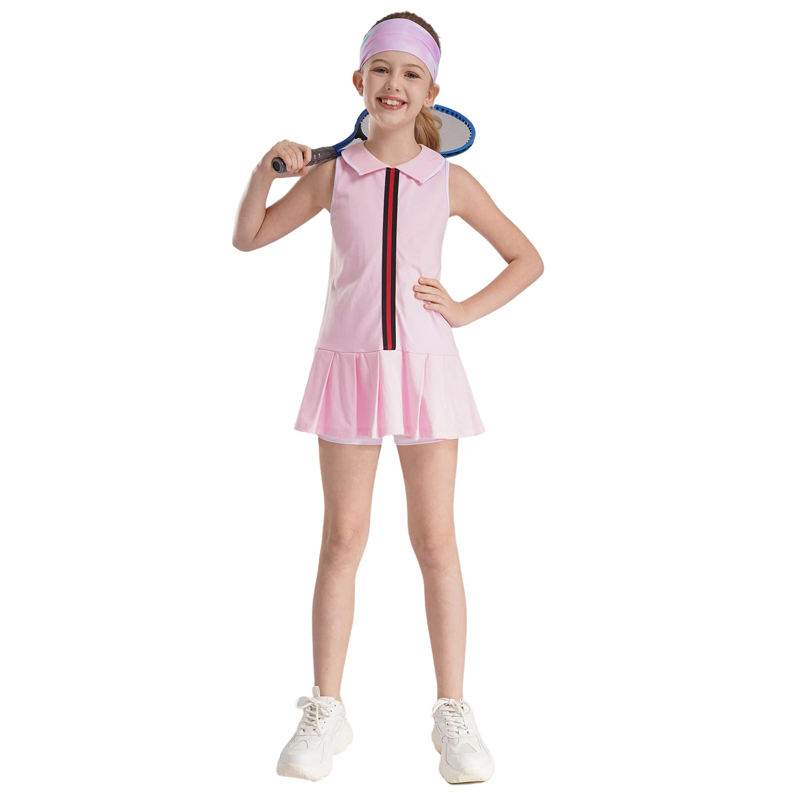 Kids Tennis Dress For Girls Turn-Down Collar Sleeveless Pleated Dresses With Shorts For Sports Cheerleading Badminton Golf Dress