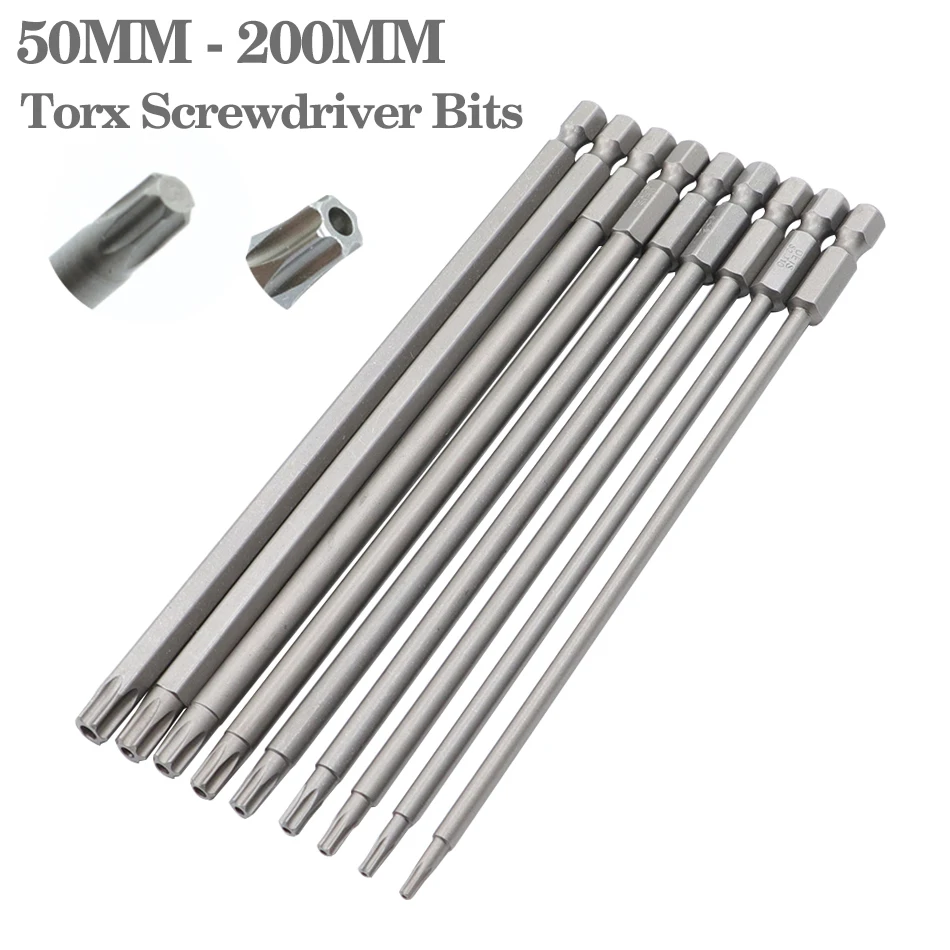 8pcs/12pcs 50mm-200mm T6-T45 Magnetic Torx Screwdriver Bits Set Electric Screwdriver head T10, T15, T20, T25, T27, T30 T35 T45