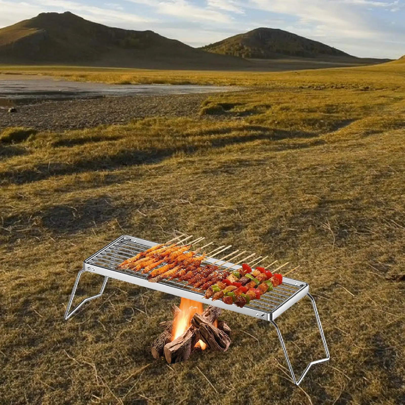 Folding Campfire Grill Compact Lightweight Multiuse Foldable Firepit Grill Grate for Barbecue Camping Fishing Picnic Backpacking