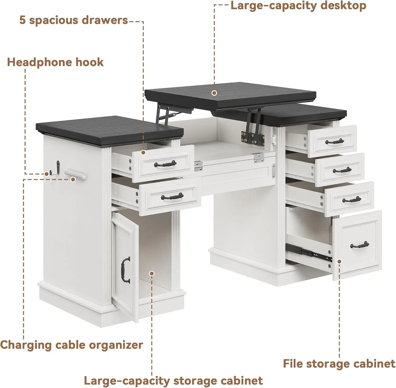 57" Lift Desktop Executive Desk with 6 Drawers and Charging Station, Wood Home Office Computer Desk with File Cabinet Storage