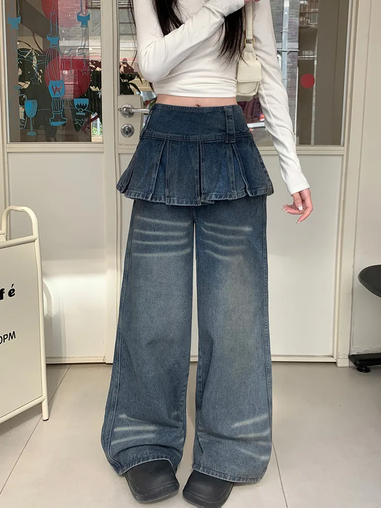 2025 Trashy Y2K Mode Faltenrock Saum Baggy Gestapelt Jeans Hosen für Frauen 90er Jahre Vintage Kleidung Weites Bein Tierred Lady Hose – Detail 7
