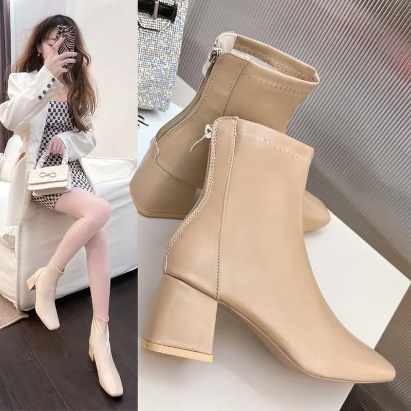 2022 Women's Boots New Winter Square Toe Solid Pu Leather Fashion Ankle Booties Ladies Block Heels Outdoor Party Women High Boot