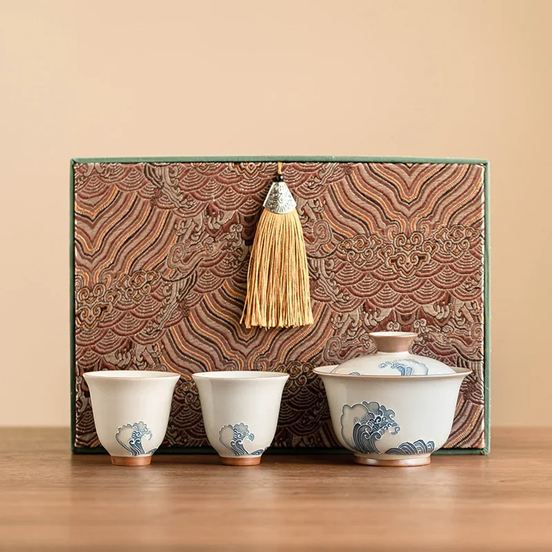 Carved Wave Gaiwan Set Hand Painted Ceramic Gongfu Tea Bowl with Cup Chinese Traditional Teaware for Tea Ceremony Gift Box