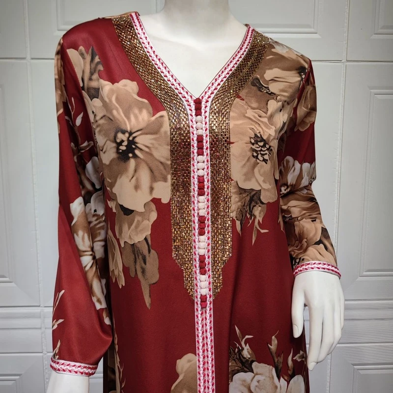 2023 Muslim Abaya Femme Print Rhinestone Fuchsia Abayas for Women Dubai Women's Dress Evening Dress for Middle East Arabia