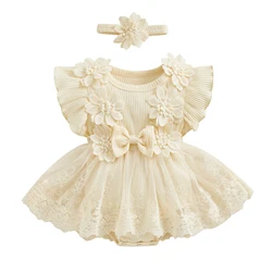 Floral Lace Ruffle Baby Girls Romper with Headband - Summer Princess Bodysuit Dress - 3M (Beige)