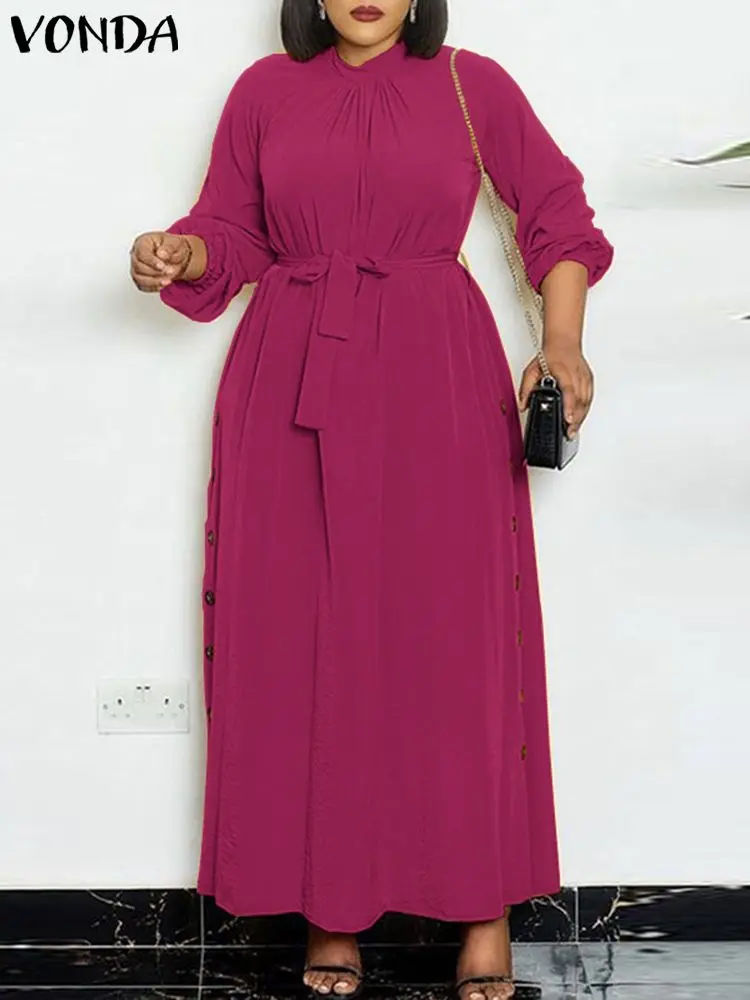 

Elegant Women Maxi Sundress VONDA Bohemian Long Dress 2023 Autumn Stand Collar Long Sleeve Buttons Casual Belted Solid Vestidos