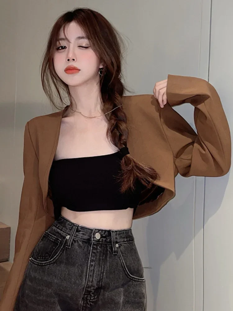 Woherb 2025 Ropa Mujer 여성용 자켓 우아한 여성용 탑 세련된 솔리드 크롭 탑 o 넥 긴 소매 한국 튜닉 빈티지 코트