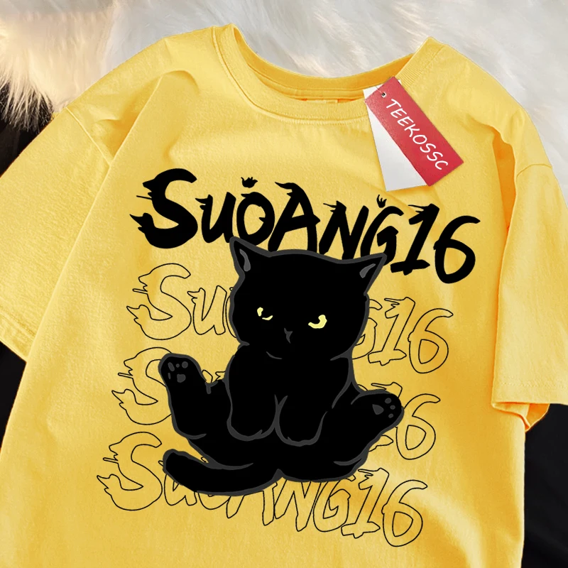 Fun Black Cat Print Japanese Style Men Women T-Shirt Fashion Clothing Cotton Tops Fashion Summer Tee Clothes Oversized Tshirt