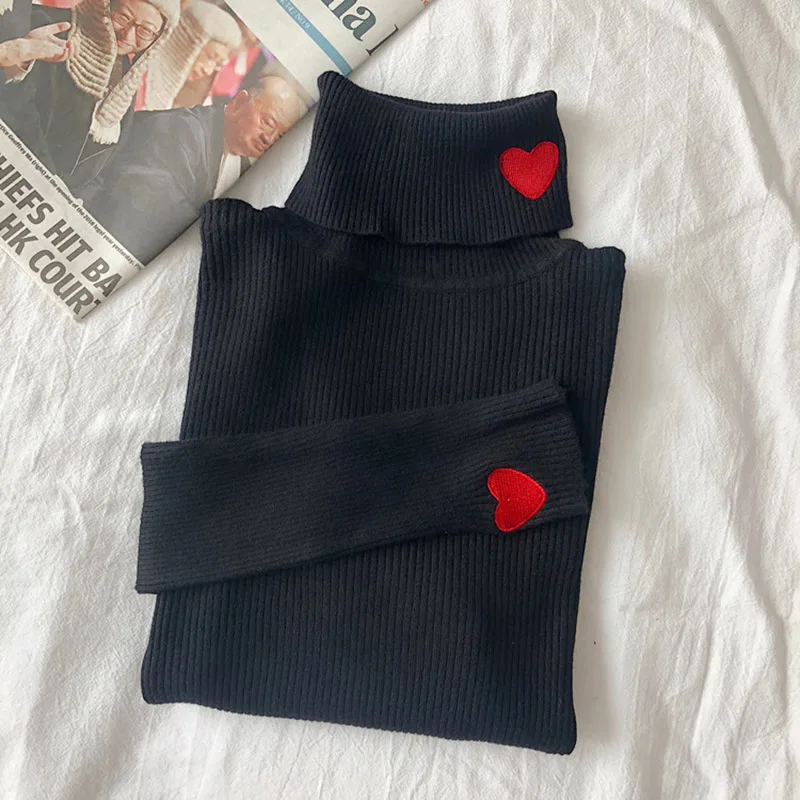 turtleneck sweater 2022 Knitted Women Sweater Ribbed Pullovers Heart Embroidery Turtleneck Autumn Winter Basic Women Sweaters Fit Soft Warm Tops black sweater Sweaters