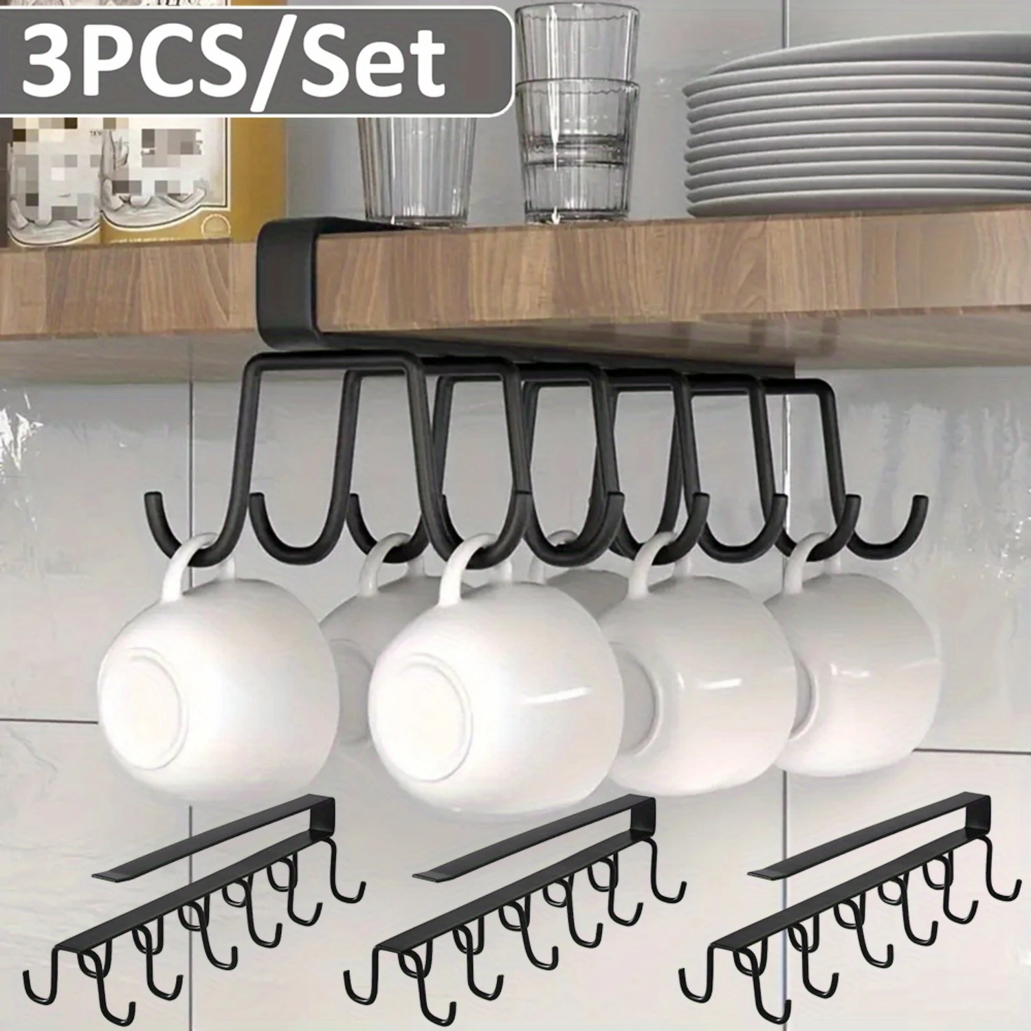 3PCS Cups , Kitchen Utensil Hanging with , Cup Holder Hanger Hook Rack Holder Under Cabinet Closet Without Drilling