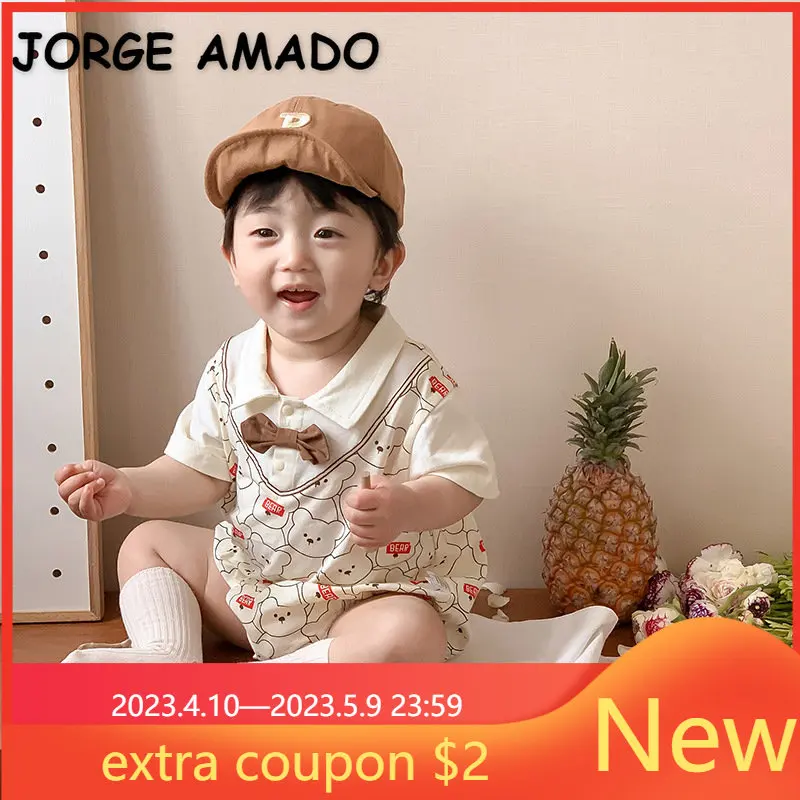 

New Summer Baby Boy Bodysuit Cute Bear Print Turn-down Collar Short Sleeve Jumpsuit Newborn Fake Two-piece Set Clothes EH918