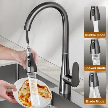 Thickened Brass Kitchen Faucet Deck Mounted Pull Out Spout Kitchen Sink Mixer Tap Single Level Stream Sprayer Nozzle Tap