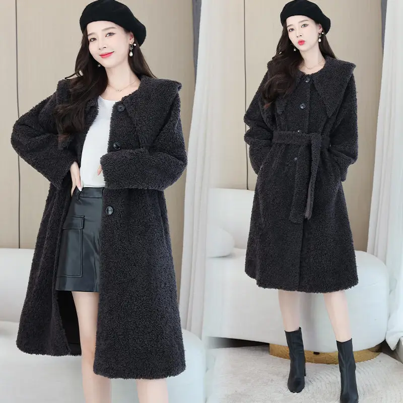 

New Korean Fashion Sheep Shearing Fur Coat Women Winter Elegant Single Breasted Long Female Lamb Wool Jacket Sashes Abrigos T797