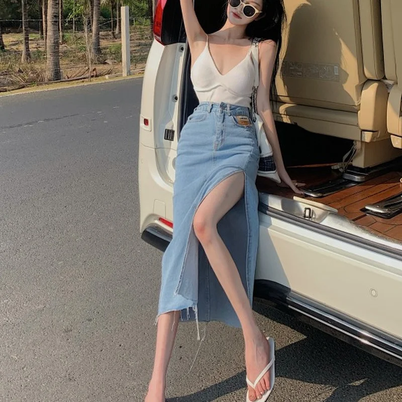 

European and American Denim A-line Skirt High Waist Thin Split Hips Mid-length Skirt Summer 2022 New Skirt