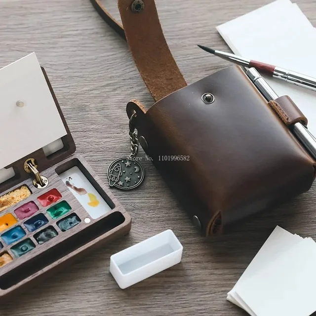 Mini Portable Painting Bag Watercolor Paint Box Genuine Leather Storage Bag  Palette Dedicated Bag Artist Outdoor Travel Set 1