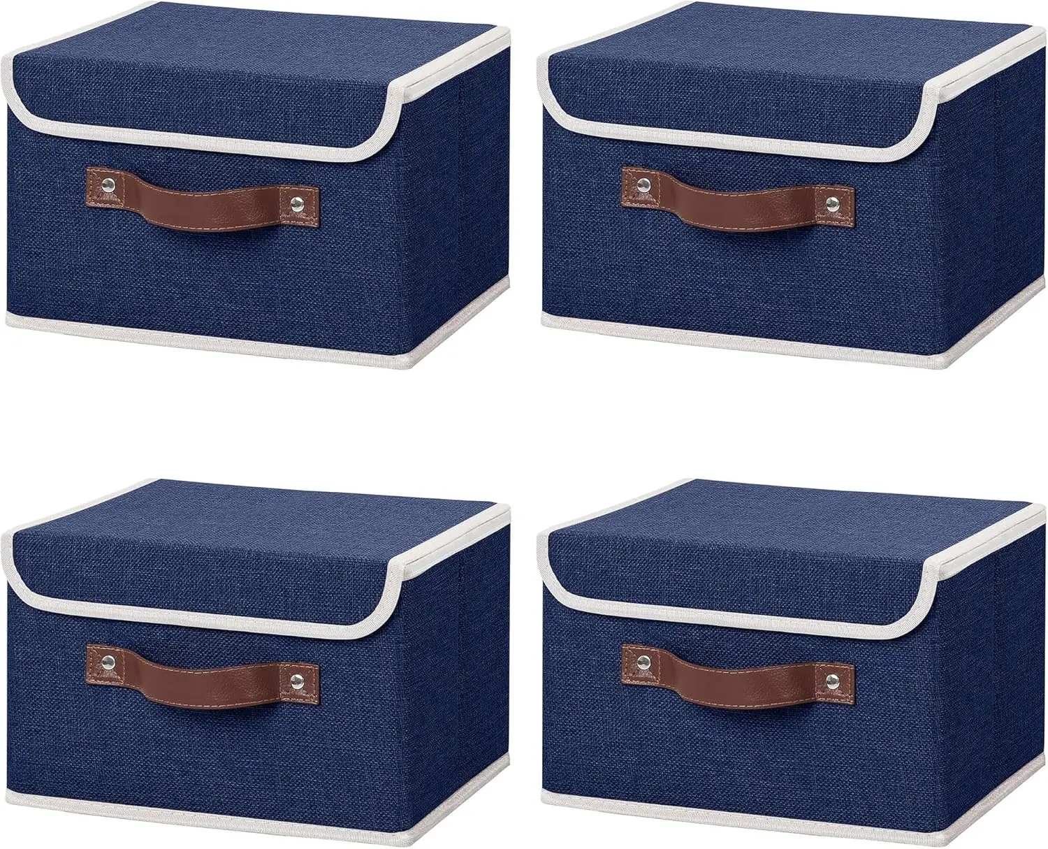 4PCS Storage Bins with Lid PU Leather Handles Storage Boxes PP Plastic Board Decorative Foldable Lidded Cotton Linen Fabric Home 2