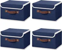 4PCS Storage Bins with Lid PU Leather Handles Storage Boxes PP Plastic Board Decorative Foldable Lidded Cotton Linen Fabric Home 2