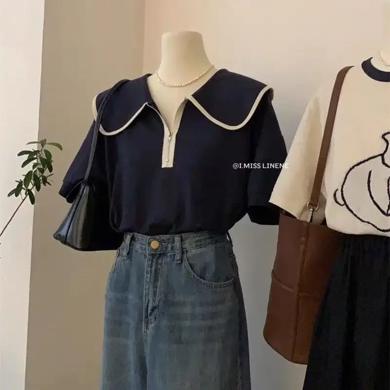 

French Large Lapel Polo Shirt Short Sleeved T-shirt Women's Design Sense Niche 2022 Summer Doll Collar Top