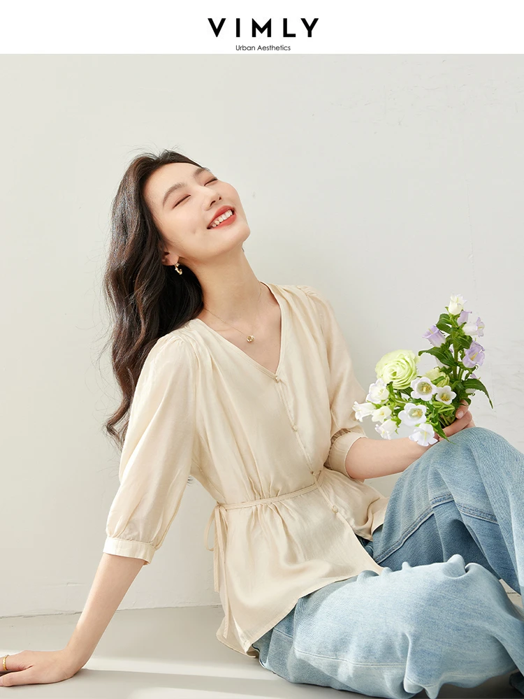 Vimly Apricot V-neck Women Elegant Shirts & Blouses 2024 Summer French Style New Three Quarter Sleeve Elegant Women's Top 16612