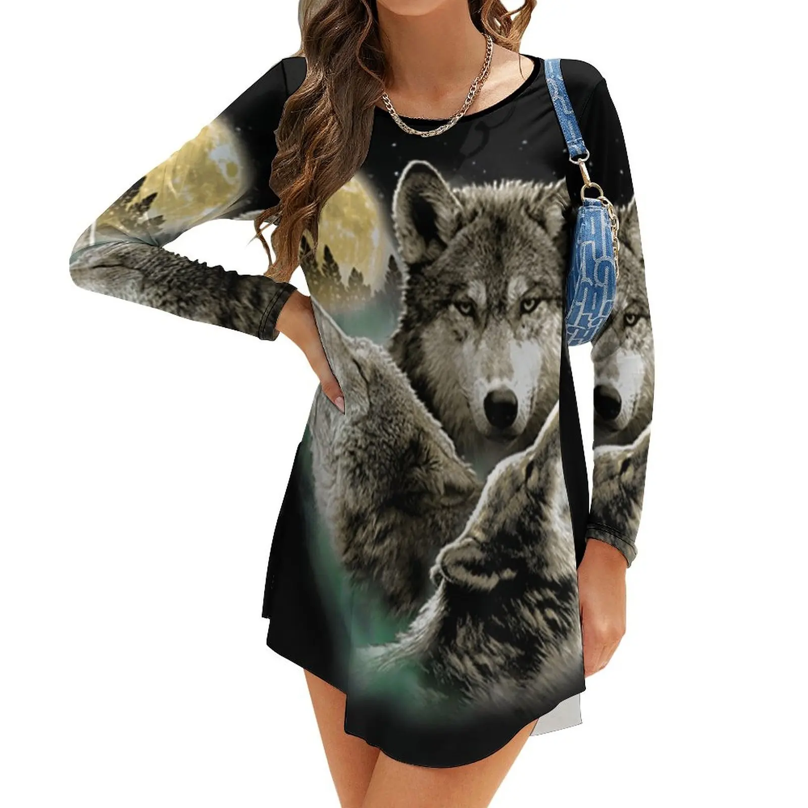 

Three Wolves Howling in Moonlight Long-Sleeve Dress dresses korean style Long dresses prom dress