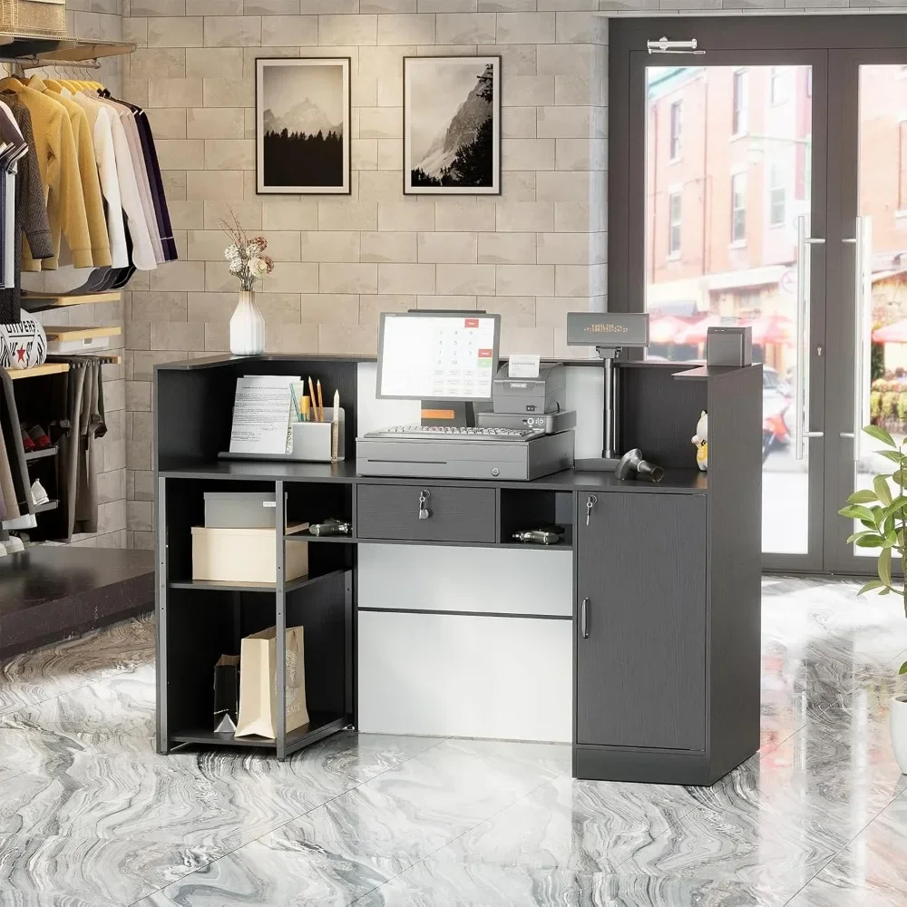 Modern Reception Desk with LED Lights, 63 Inches Front Counter Table with Lockable Drawer & Shelves, Checkout Counter 3