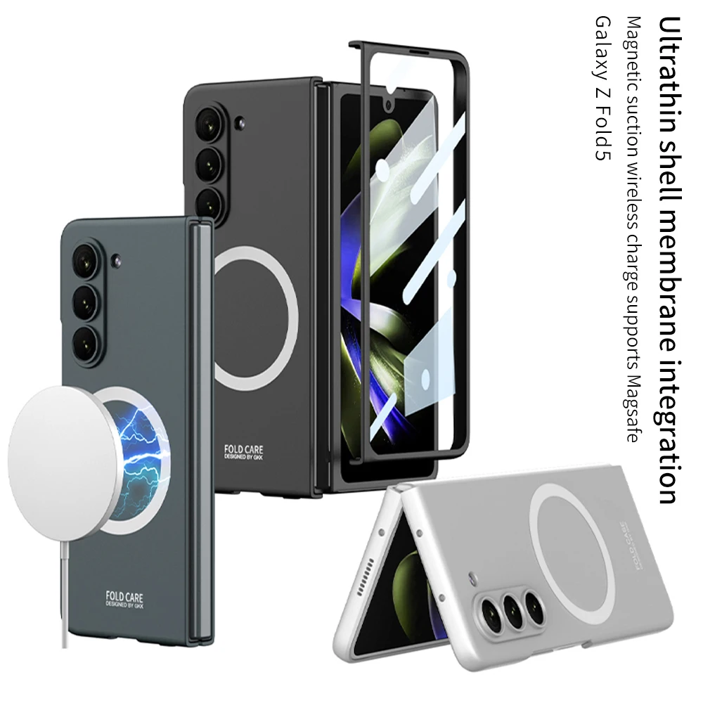 For Samsung Galaxy Z Fold 5 Magsafe Case Matte Magnetic Wireless Charging Skin Friendly With Tempered Film Shockproof Hard Cover