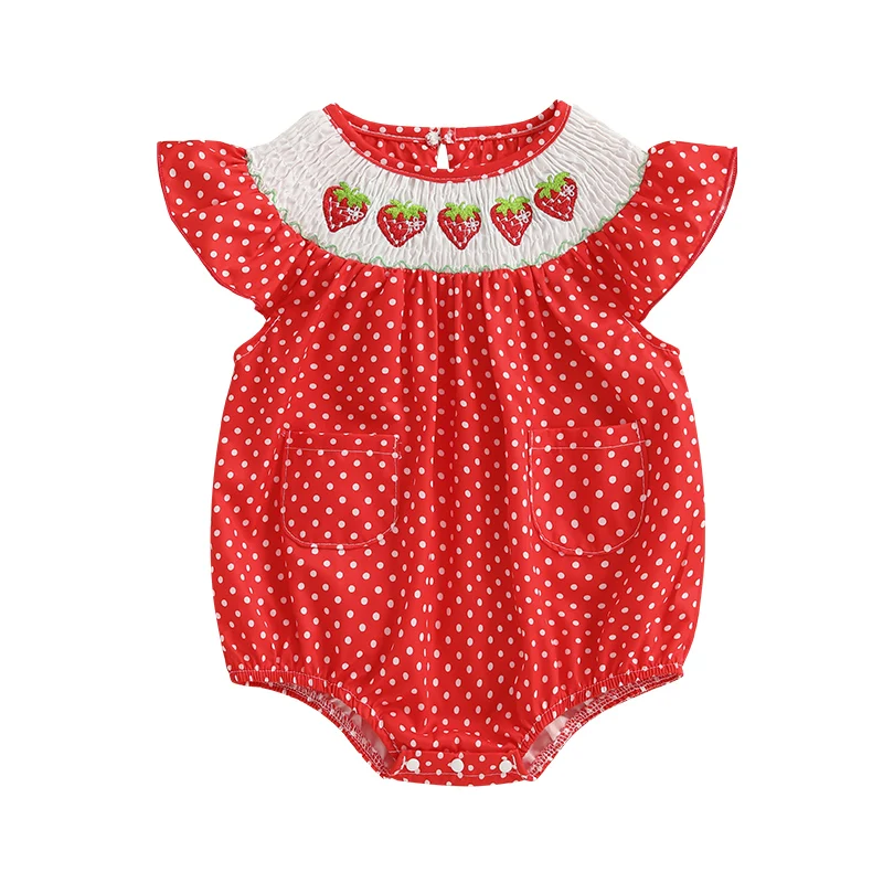 FOCUSNORM 0-24M Schöne Baby Mädchen Sommer Strampler Erdbeere Stickerei Polka Dot Print Gesmokt Rüschen Fliegen Sleeve Overall – Detail 3
