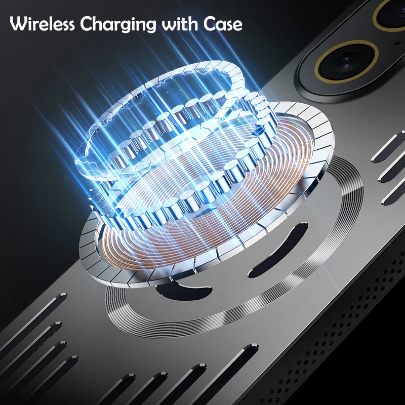 Luxury Metal Heat Dissipation Magnetic Wireless Charging Cover For iPhone 17 Air 16 15 Pro Max Plus 16E 17Pro Protective Case